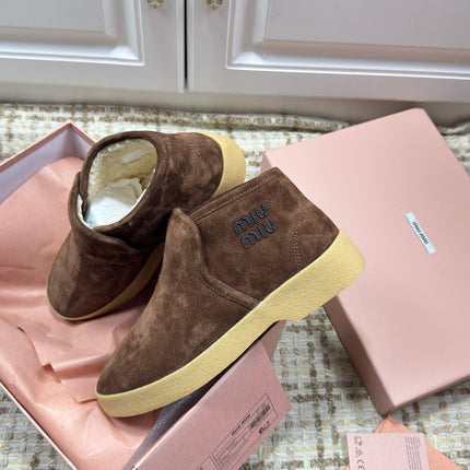 MIUMIU 26S SLIP-ON BOOTIES IN DARK BROWN SUEDE WITH SHEARLING