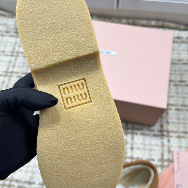 MIUMIU 26S SLIP-ON BOOTIES IN CAMEL BROWN SUEDE WITH SHEARLING