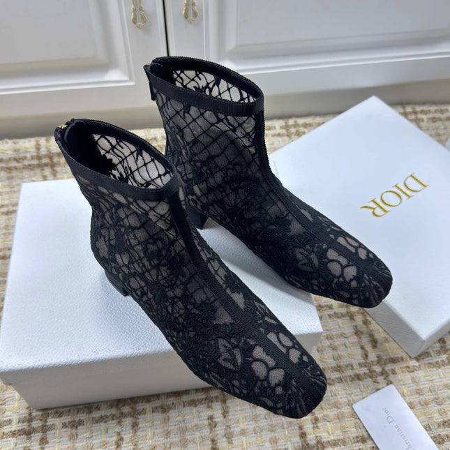 DIOR 26S ANKLE BOOTS 35MM IN BLACK FLORAL LACE MESH BLOCK HEEL