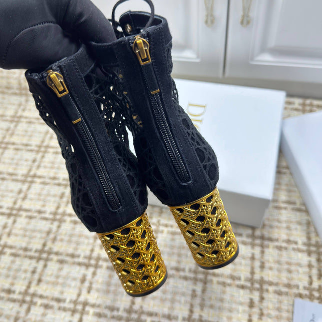 DIOR 26S LACE UP ANKLE BOOTS 80MM IN BLACK OPENWORK LACE SUEDE GOLD HEEL