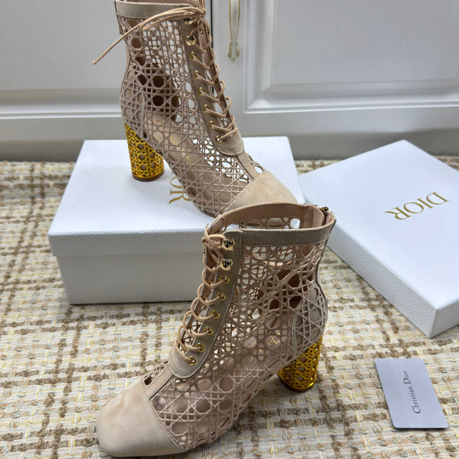 DIOR 26S LACE UP ANKLE BOOTS 80MM IN BEIGE OPENWORK LACE SUEDE GOLD HEEL