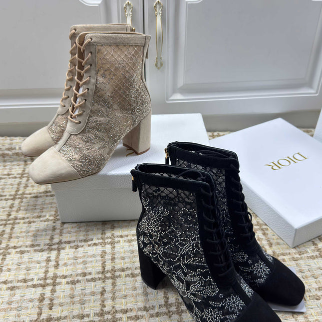 DIOR 26S LACE UP ANKLE BOOTS 35MM IN BEIGE LACE SUEDE BLOCK HEEL