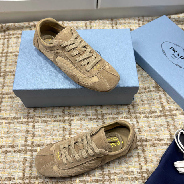 PRADA 26S LOW TOP SNEAKERS IN OLIVE BROWN NYLON AND SUEDE