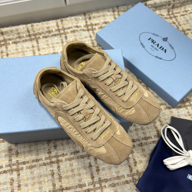 PRADA 26S LOW TOP SNEAKERS IN OLIVE BROWN NYLON AND SUEDE