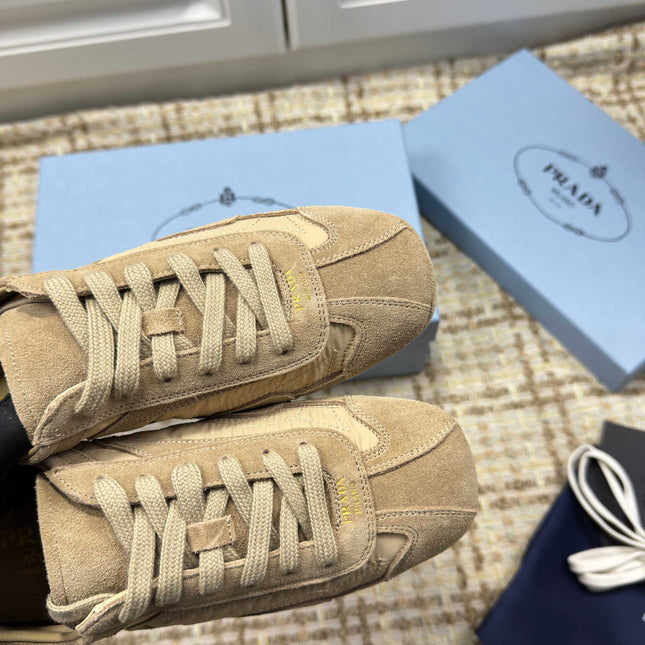 PRADA 26S LOW TOP SNEAKERS IN OLIVE BROWN NYLON AND SUEDE