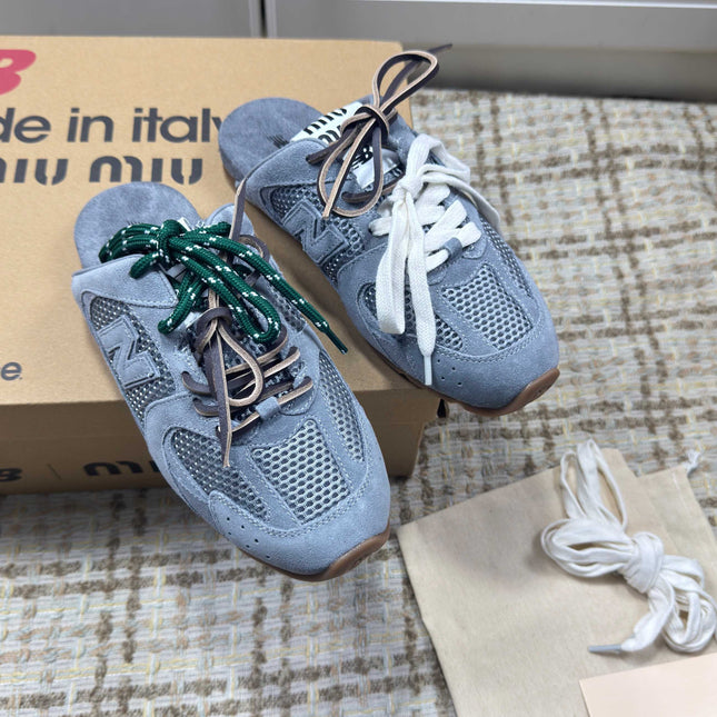 MIUMIU 26S NEW BALANCE SNEAKER MULES IN DUSTY BLUE SUEDE AND MESH