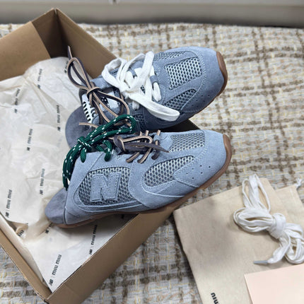 MIUMIU 26S NEW BALANCE SNEAKER MULES IN DUSTY BLUE SUEDE AND MESH