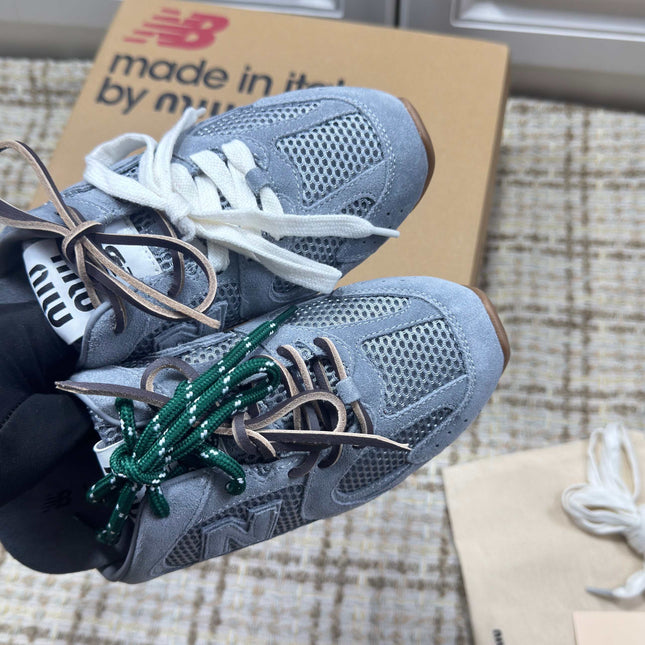 MIUMIU 26S NEW BALANCE SNEAKER MULES IN DUSTY BLUE SUEDE AND MESH