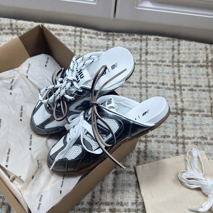 MIUMIU 26S NEW BALANCE SNEAKER MULES IN WHITE MESH AND DARK SILVER CALFSKIN