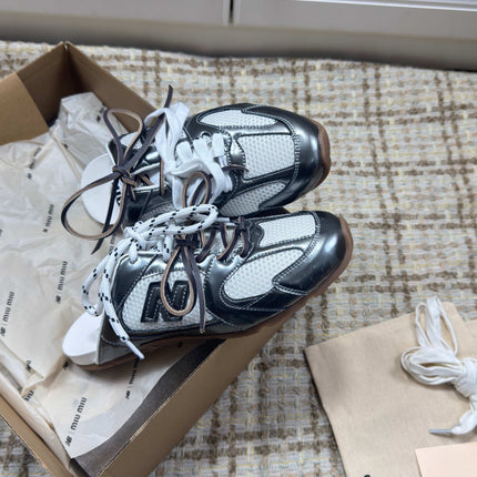 MIUMIU 26S NEW BALANCE SNEAKER MULES IN WHITE MESH AND DARK SILVER CALFSKIN