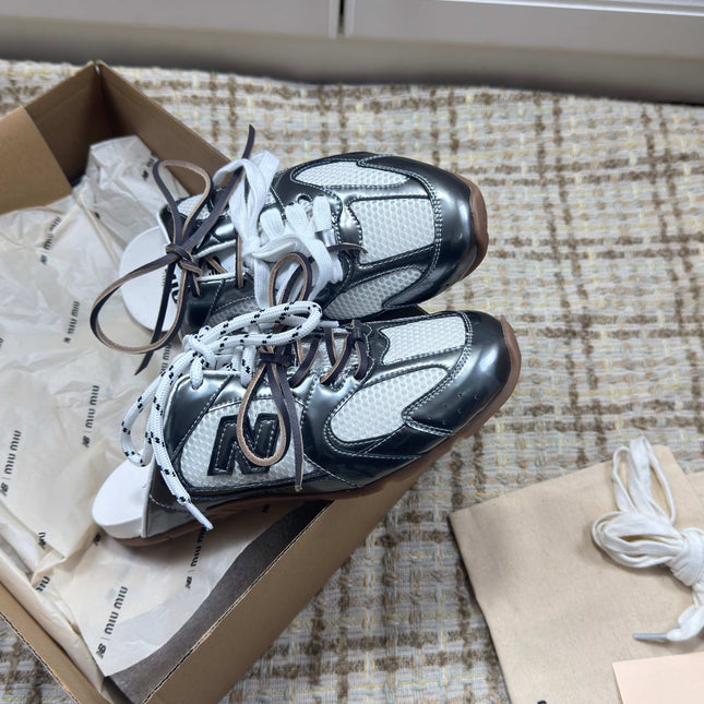 MIUMIU 26S NEW BALANCE SNEAKER MULES IN WHITE MESH AND DARK SILVER CALFSKIN