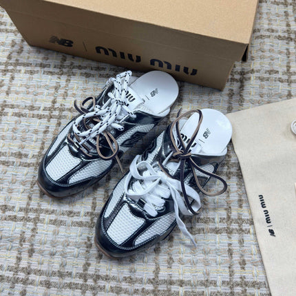 MIUMIU 26S NEW BALANCE SNEAKER MULES IN WHITE MESH AND DARK SILVER CALFSKIN