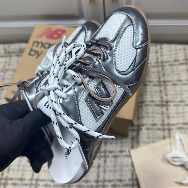 MIUMIU 26S NEW BALANCE SNEAKER MULES IN WHITE MESH AND DARK SILVER CALFSKIN