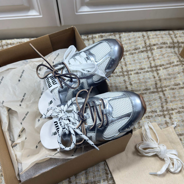 MIUMIU 26S NEW BALANCE SNEAKER MULES IN WHITE MESH AND SILVER CALFSKIN