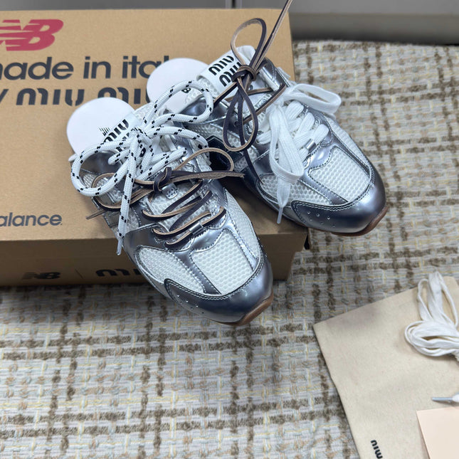 MIUMIU 26S NEW BALANCE SNEAKER MULES IN WHITE MESH AND SILVER CALFSKIN