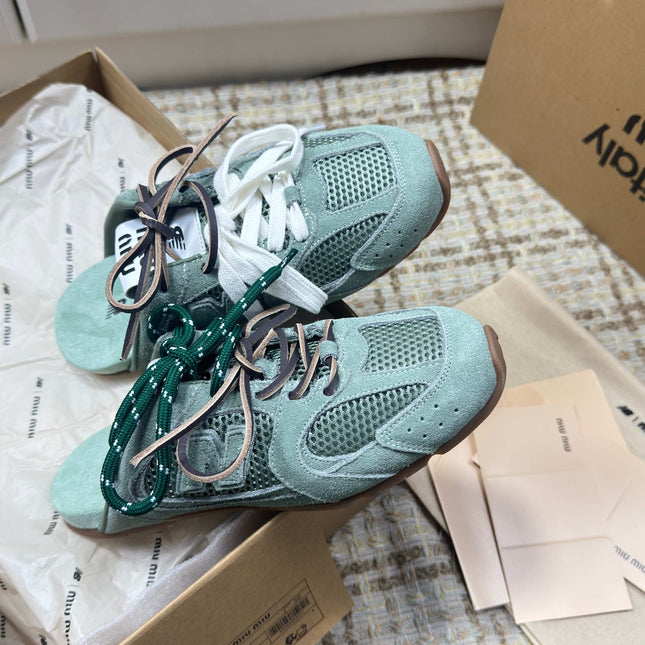 MIUMIU 26S NEW BALANCE SNEAKER MULES IN MINT GREEN SUEDE AND MESH