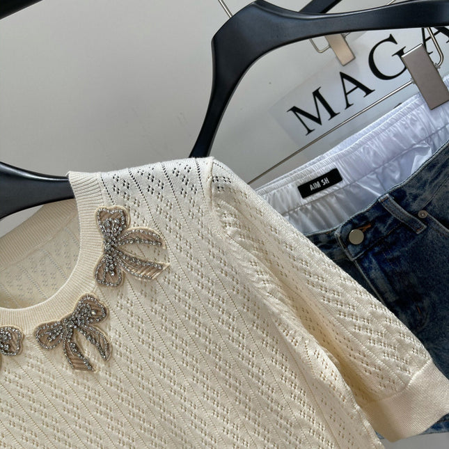VALENTINO SHORT SLEEVE TOP WITH SEQUIN BOW 273160