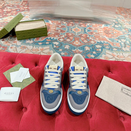 GUCCI 26S SCREENER SNEAKER IN GREY AND BLUE LEATHER