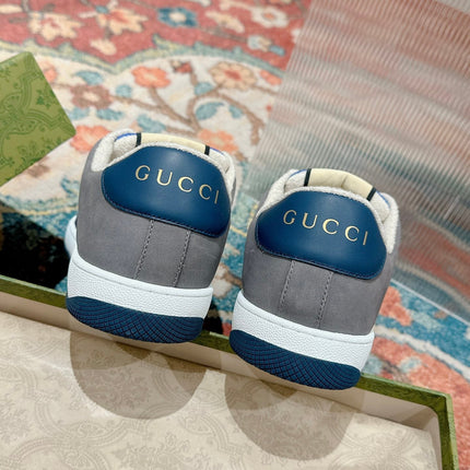 GUCCI 26S SCREENER SNEAKER IN GREY AND BLUE LEATHER