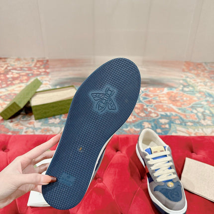 GUCCI 26S SCREENER SNEAKER IN GREY AND BLUE LEATHER