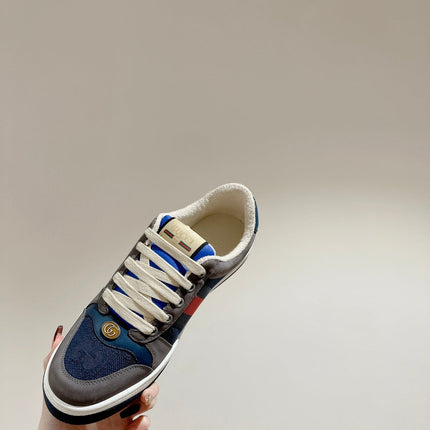 GUCCI 26S SCREENER SNEAKER IN GREY AND BLUE LEATHER