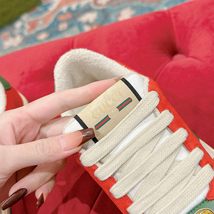 GUCCI 26S SCREENER SNEAKER IN GREEN LEATHER AND ORANGE SUEDE