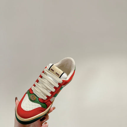 GUCCI 26S SCREENER SNEAKER IN GREEN LEATHER AND ORANGE SUEDE