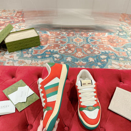 GUCCI 26S SCREENER SNEAKER IN GREEN LEATHER AND ORANGE SUEDE