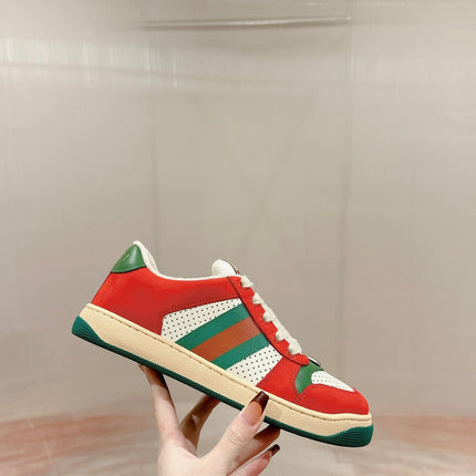 GUCCI 26S SCREENER SNEAKER IN GREEN LEATHER AND ORANGE SUEDE