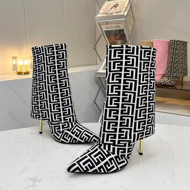 BALMAIN 26S MONOGRAM BOOTS 105 MM IN BLACK AND WHITE JACQUARD-WOVEN CANVAS
