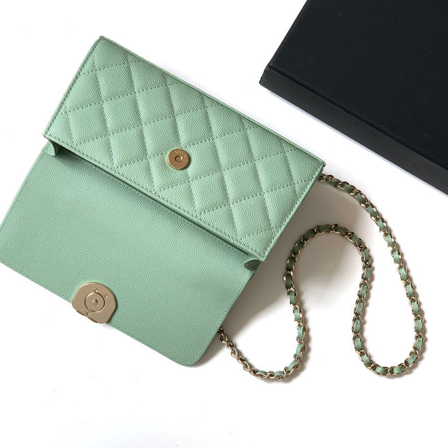 CHANEL 25S KELLY BAG 18 IN LIGHT GREEN CAVIAR LEATHER WITH GOLD HARDWARE