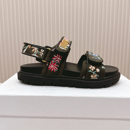 DIOR BACK-STRAP SANDALS 25S IN MOSS GREEN AND BLACK CALFSKIN EMBROIDERED WITH PETITES FLEURS