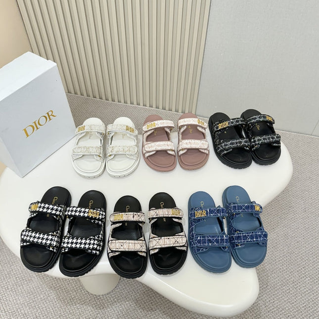 DIOR CLASSIC DOUBLE-STRAP SLIDES 25S IN ROSE BROWN TWEED AND CALFSKIN