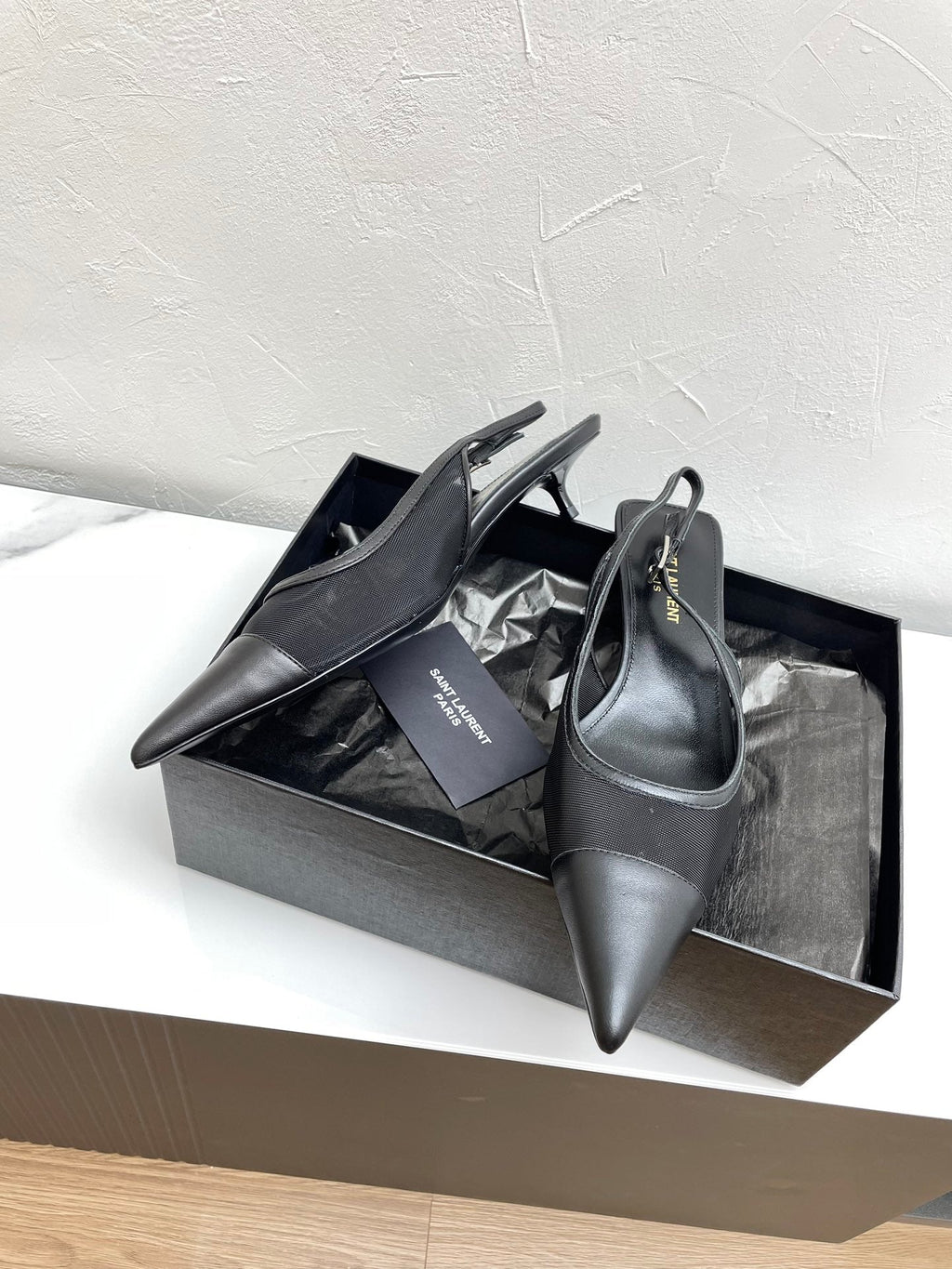 OXALIS SLINGBACK PUMPS 30 IN MESH BLACK LEATHER