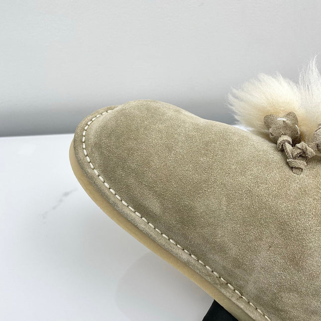 MIUMIU 26S ANKLE SHEARLING BOOTS IN TAUPE BEIGE SUEDE