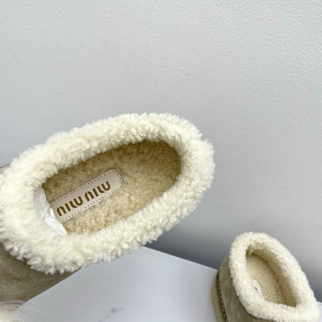 MIUMIU 26S ANKLE SHEARLING BOOTS IN TAUPE BEIGE SUEDE