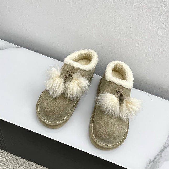 MIUMIU 26S ANKLE SHEARLING BOOTS IN TAUPE BEIGE SUEDE