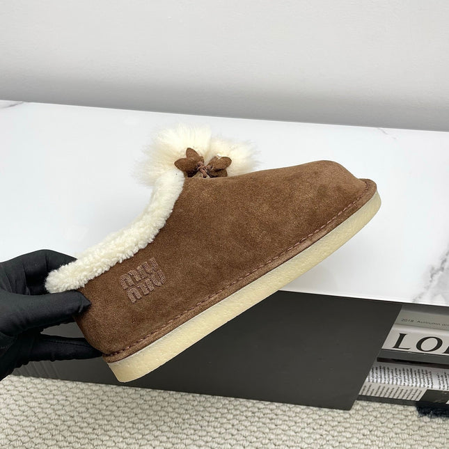 MIUMIU 26S ANKLE SHEARLING BOOTS IN DARK BROWN SUEDE