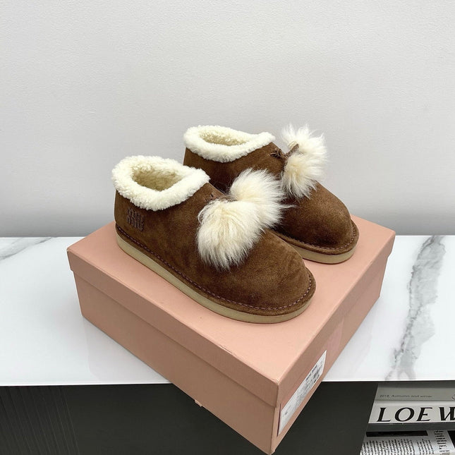 MIUMIU 26S ANKLE SHEARLING BOOTS IN DARK BROWN SUEDE
