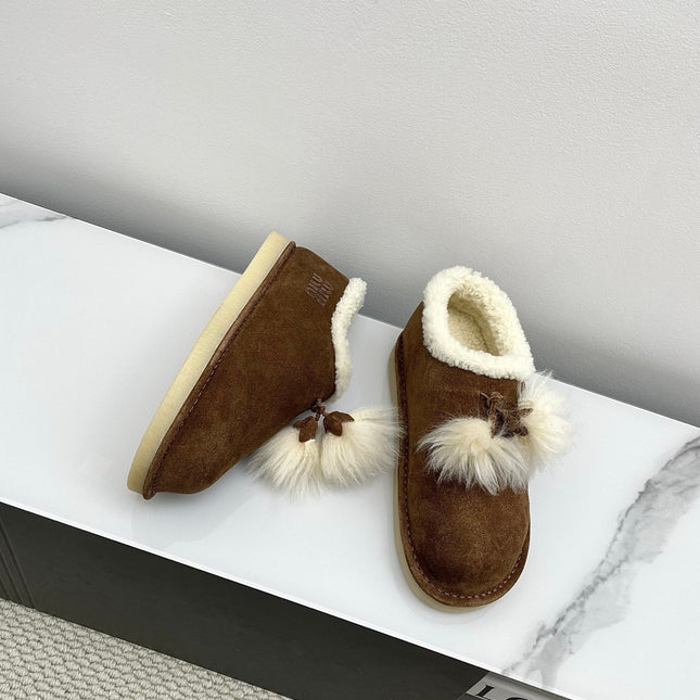 MIUMIU 26S ANKLE SHEARLING BOOTS IN DARK BROWN SUEDE