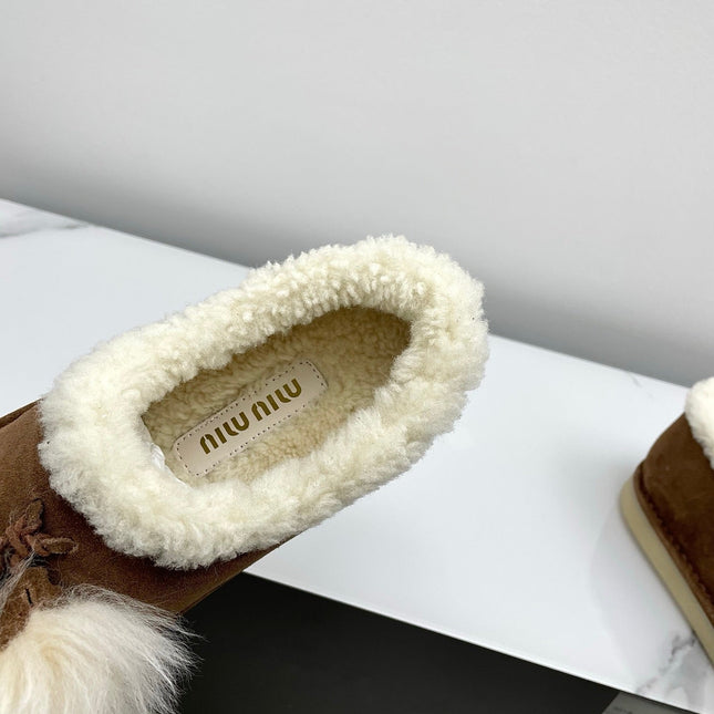 MIUMIU 26S ANKLE SHEARLING BOOTS IN DARK BROWN SUEDE
