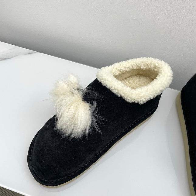 MIUMIU 26S ANKLE SHEARLING BOOTS IN BLACK SUEDE