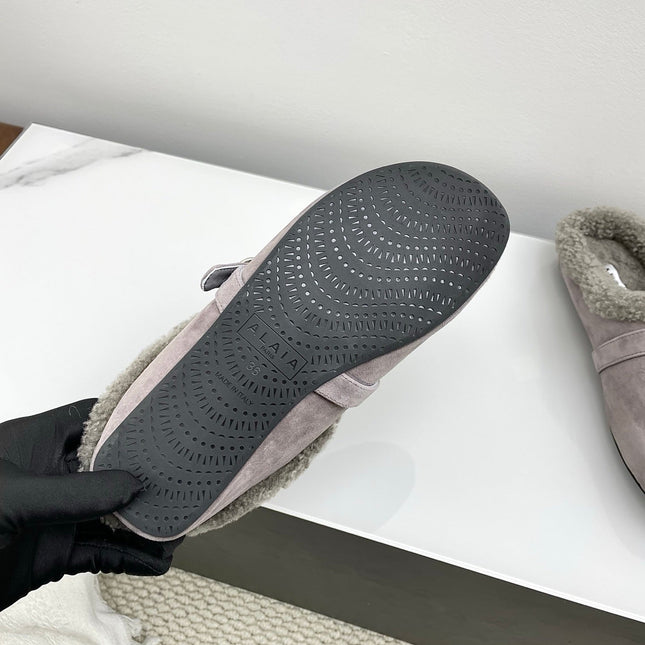 ALAIA 26S MULE IN PINKISH GREY SUEDE AND WOOL
