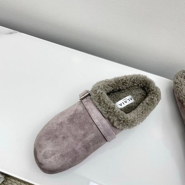 ALAIA 26S MULE IN PINKISH GREY SUEDE AND WOOL