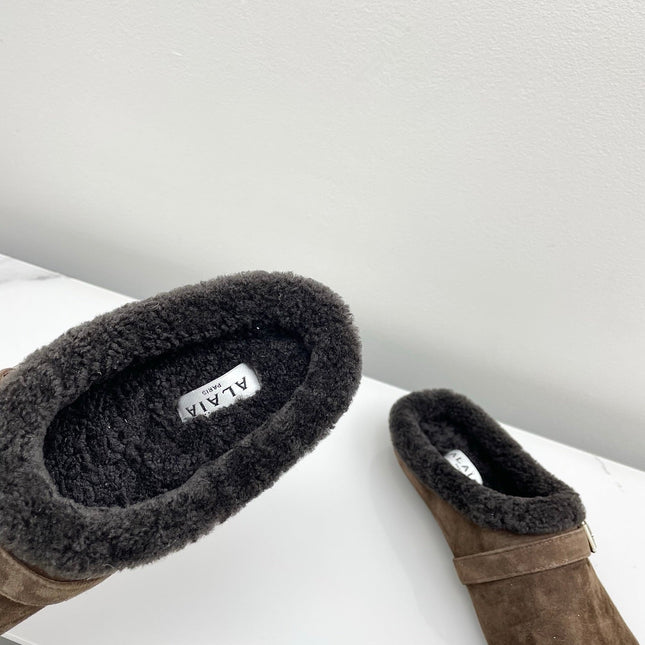 ALAIA 26S MULE IN DARK BROWN SUEDE AND WOOL