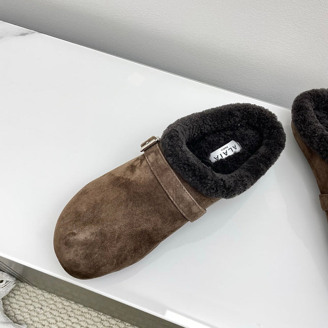 ALAIA 26S MULE IN DARK BROWN SUEDE AND WOOL