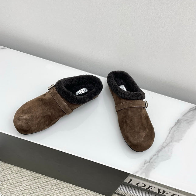 ALAIA 26S MULE IN DARK BROWN SUEDE AND WOOL