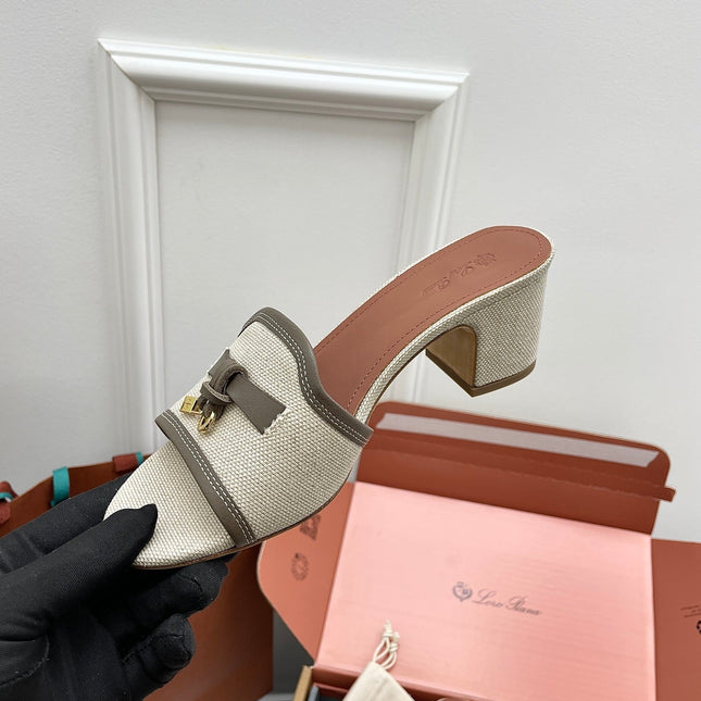 LP 26S HIGH HEEL SANDALS IN LIGHT BEIGE CANVAS AND GREY CALFSKIN
