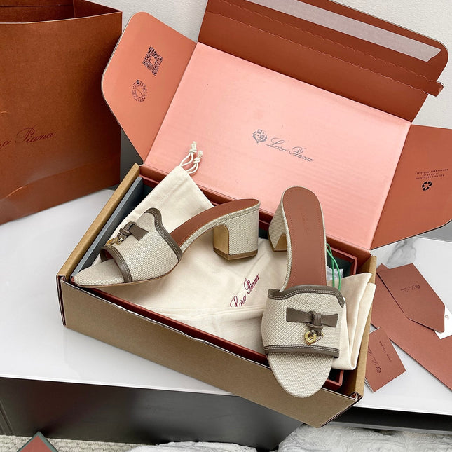 LP 26S HIGH HEEL SANDALS IN LIGHT BEIGE CANVAS AND GREY CALFSKIN