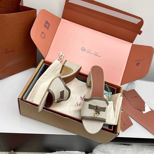 LP 26S HIGH HEEL SANDALS IN LIGHT BEIGE CANVAS AND GREY CALFSKIN
